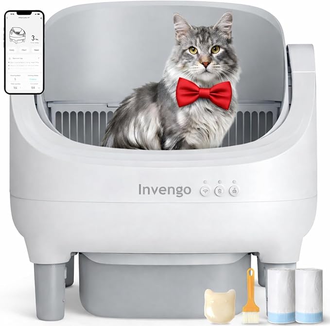 Automatic Cat Litter Box Self Cleaning, App Control, Open-Top Automatic Litter Box with Safety Sensors, Ultra-Quiet, 10L Waste Bin with Odor Control, 2 Rolls of Garbage Bags, LightGrey