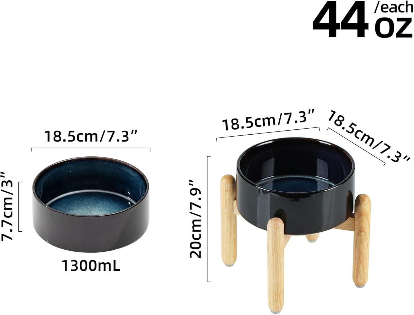 Ceramic 7.3inch Raised Dog Bowl Set, Elevated with Wooden Stand, Food and Water Bowl for Medium Breed Dogs, Weighted Dog Dishes, Pet Feeder(Starry Sky) - Pet Explorer