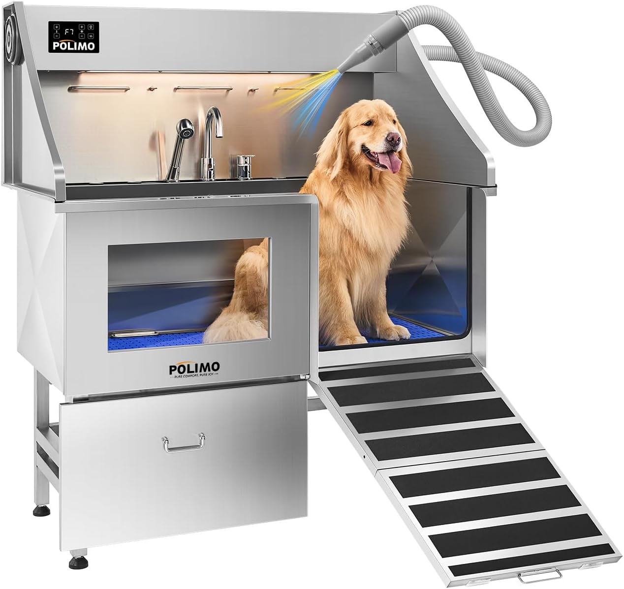 polimo Dog Washing Station with Dryer & LED, Professional Stainless Steel Grooming Tub, Dog Bathtub for Large, Medium & Small Dog, w/Window, Ramp, Drawer, Floor Grate &Fauct （Right RAMP & Dryer, 50"） - Pet Explorer