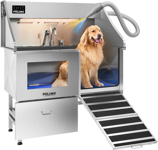 polimo Dog Washing Station with Dryer & LED, Professional Stainless Steel Grooming Tub, Dog Bathtub for Large, Medium & Small Dog, w/Window, Ramp, Drawer, Floor Grate &Fauct （Right RAMP & Dryer, 50"） - Pet Explorer