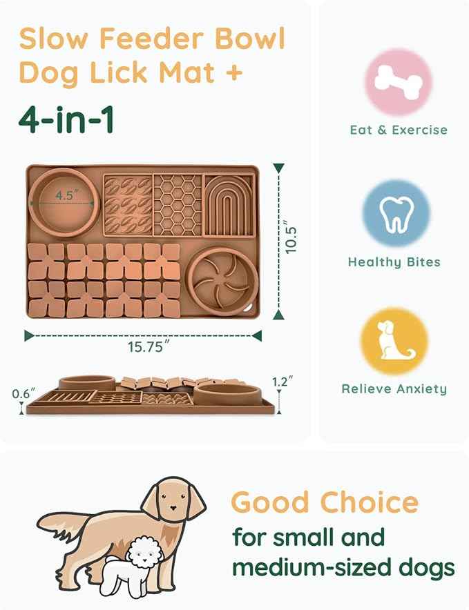 Slow Feeder Bowl, Silicone Lick Mat with Suction Cups for Dog Cat, Snuffle Mat for Pet Smell Training, Puzzle Toys for Bored Puppy, Interactive Sniff Mat for Slow Eating and Keep Busy, Brown