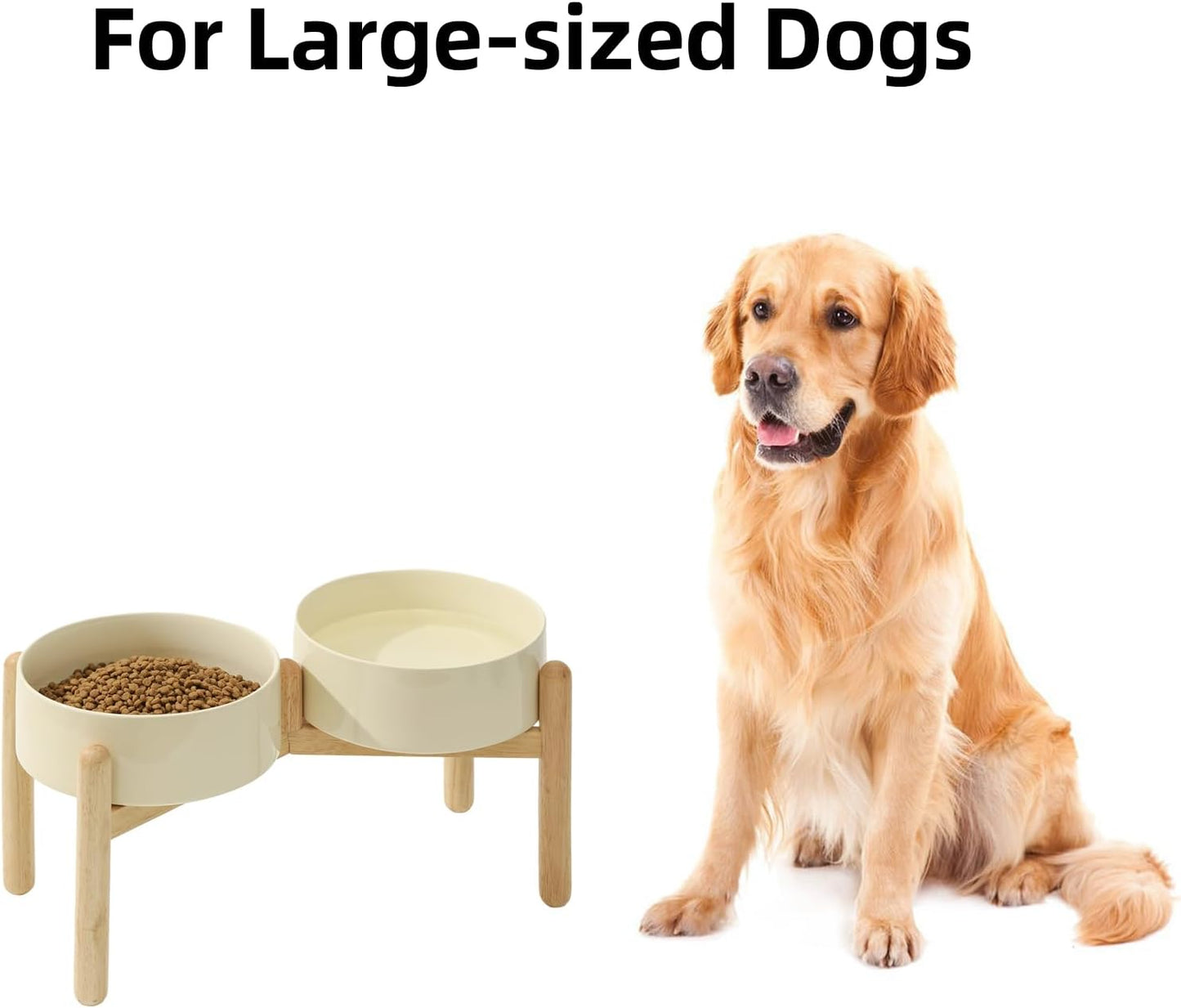 Ceramic 8.2inch Raised Dog Bowl with Stand for Large- Breed Dogs, Pet Food and Water Feeder (Double Bowl with Stand - Beige) - Pet Explorer