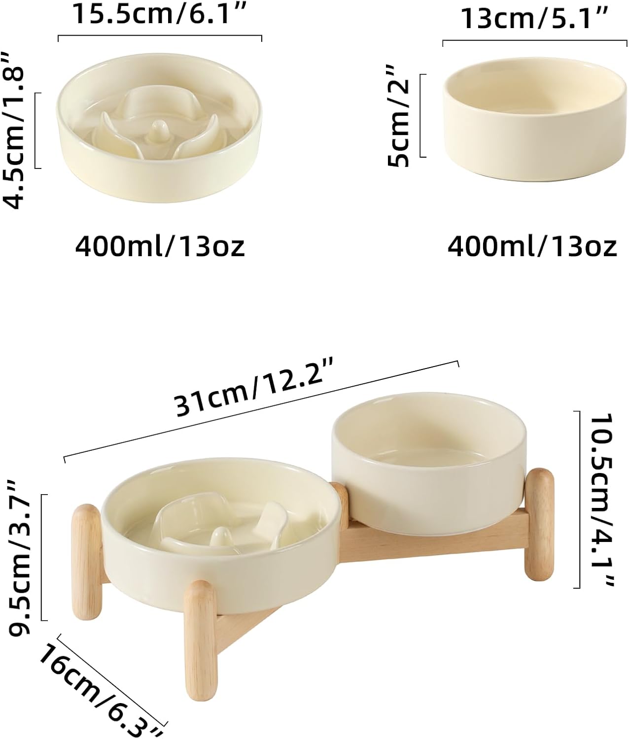 Ceramic Raised Slow Feeder Dog Bowl Set, Elevated 5.1inch Water Bowl and 6.1inch Puzzle Slow Pet Food Dish with Wooden Stand for Small Dog and Cat, Anti-Gulping (2X Beige+ Stand) - Pet Explorer