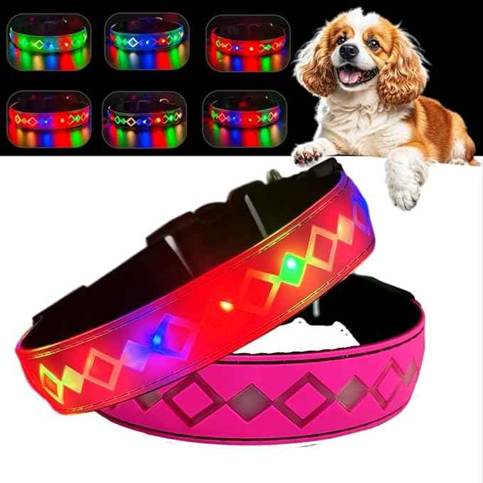 LED Dog Collar with AirTag Holder and Custom ID Tag, 15 Light Modes, Waterproof, Multiple Colors (Pink Pro, S(7.87-11.8"))