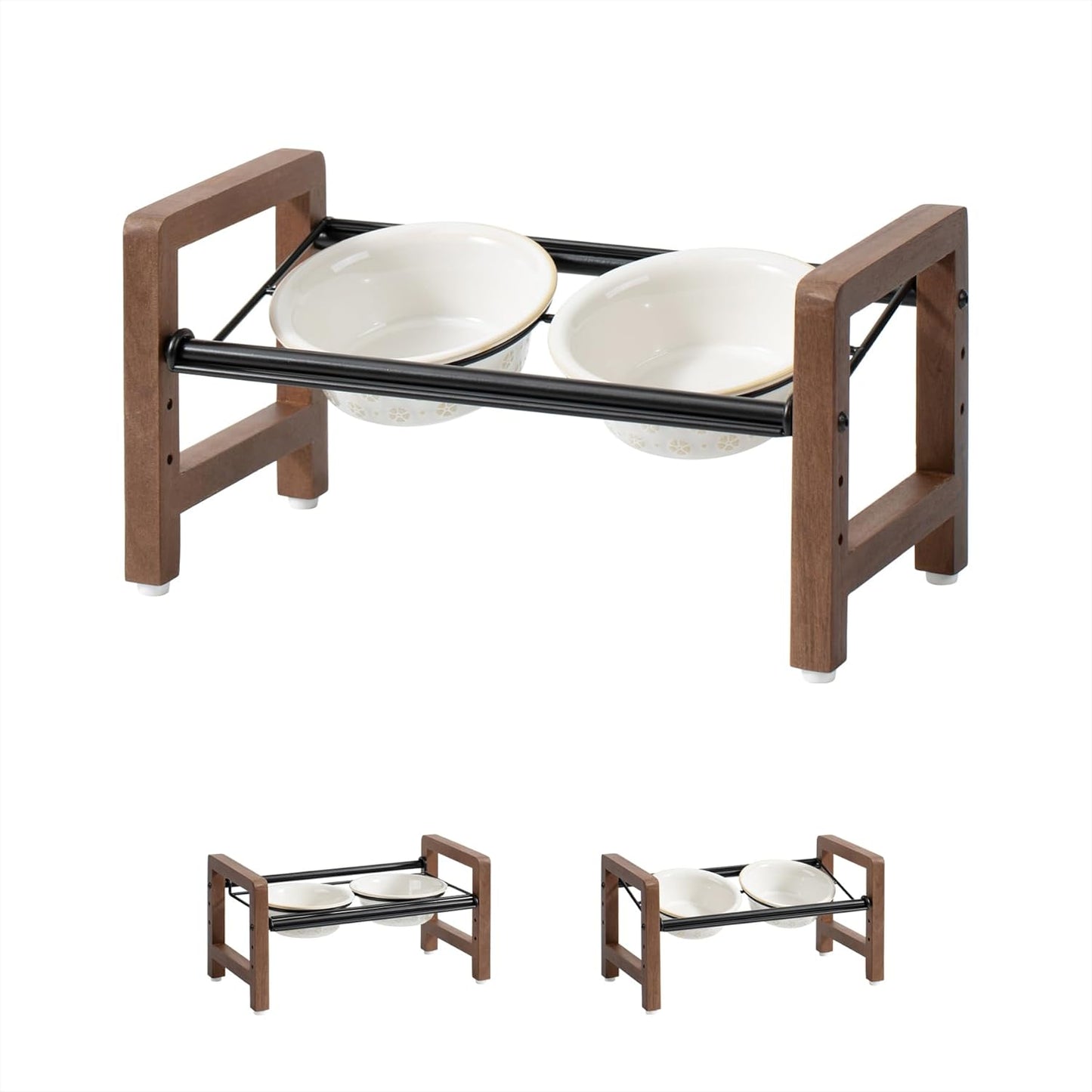 5.5inch Ceramic Adjustable Raised Double Bowls Set with Stand, 3 Heights Elevated, 2 Placement Options,Food and Water Dishes for Puppy, Cats（Double Bowls+Stand, Reactived Glaze -White - Pet Explorer