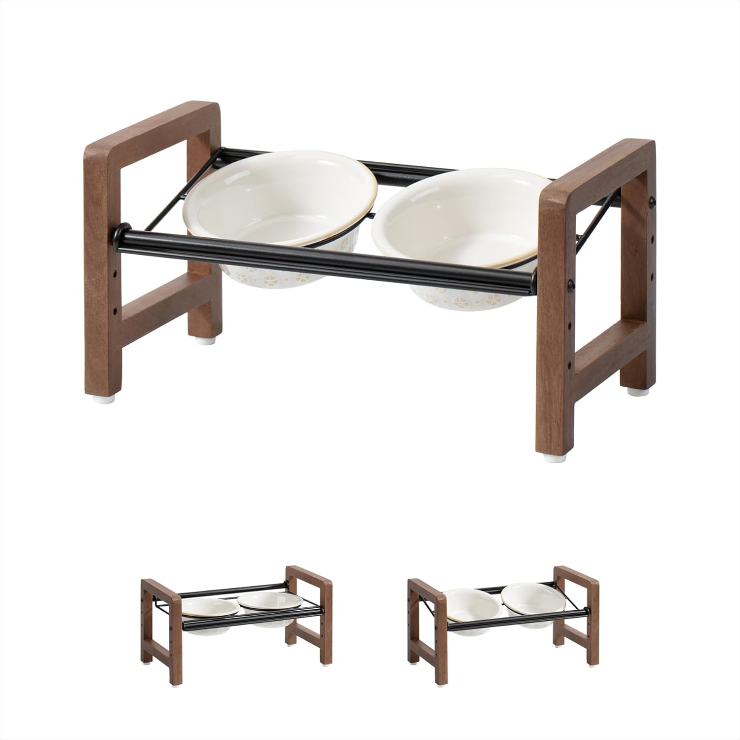 5.5inch Ceramic Adjustable Raised Double Bowls Set with Stand, 3 Heights Elevated, 2 Placement Options,Food and Water Dishes for Puppy, Cats（Double Bowls+Stand, Reactived Glaze -White - Pet Explorer