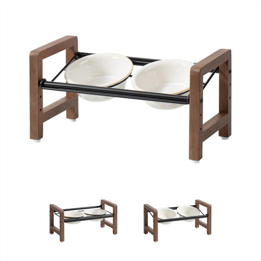 5.5inch Ceramic Adjustable Raised Double Bowls Set with Stand, 3 Heights Elevated, 2 Placement Options,Food and Water Dishes for Puppy, Cats（Double Bowls+Stand, Reactived Glaze -White - Pet Explorer