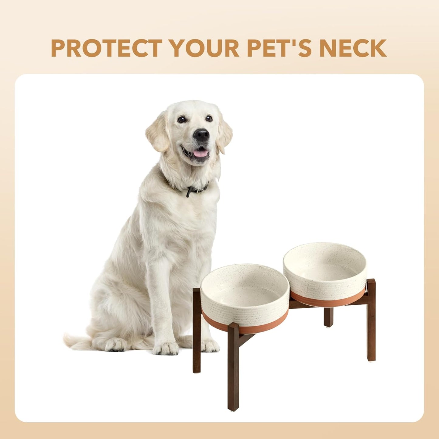 Ceramic 8.2inch Raised Double Dog Bowls Set with Acacia Wood Stand, Food & Water Bowls for Large Breed Dogs, Weighted Pet Dishes(60oz, Vanilla White) - Pet Explorer