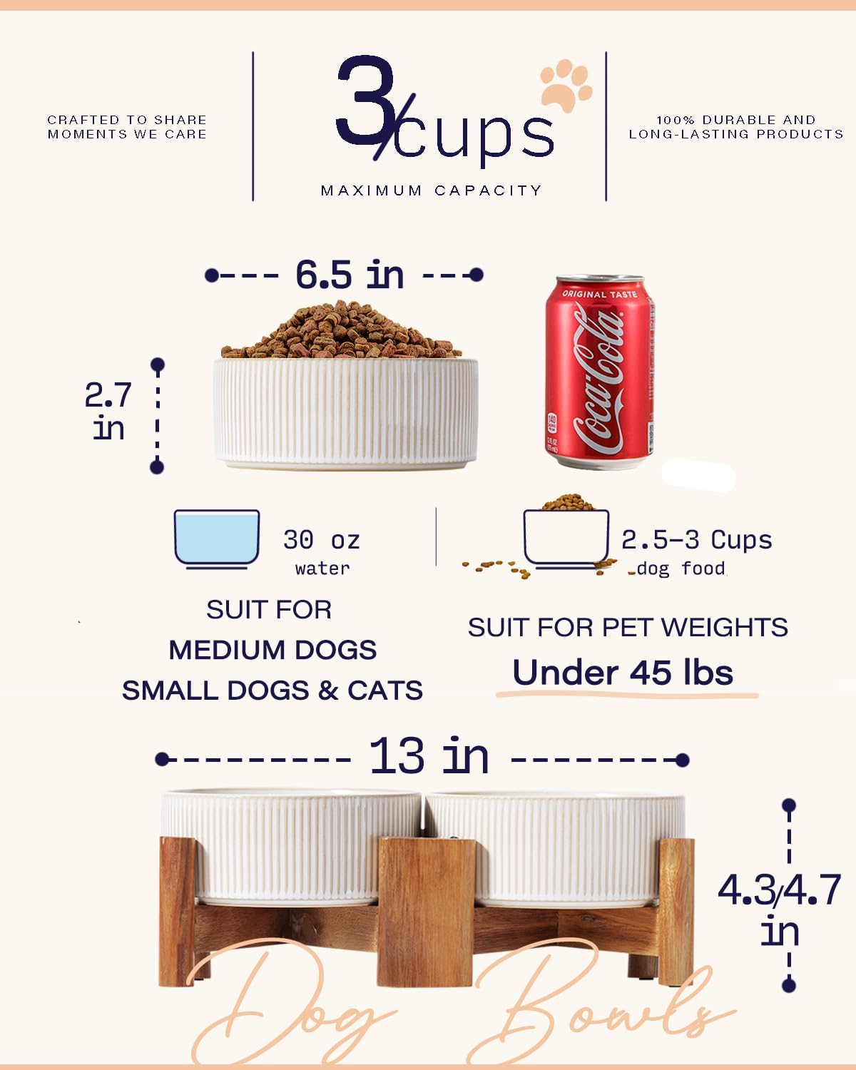 Getstar Ceramic Dog Bowls with Acacia Wood Stand, 30 fl oz, Set of 2, Dog Food Bowl, Cat Bowls (6.5 inches) (Vintage White) - Pet Explorer