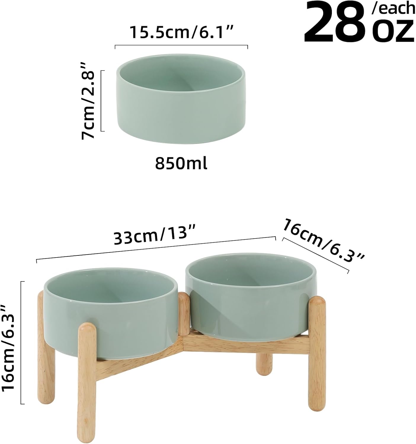 Ceramic 6.1inch Raised Dog Bowl with Stand for Small and Medium Breed Dog Dish Pet Food and Water Bowl (Double Bowl with Stand - Light Green, 28oz) - Pet Explorer