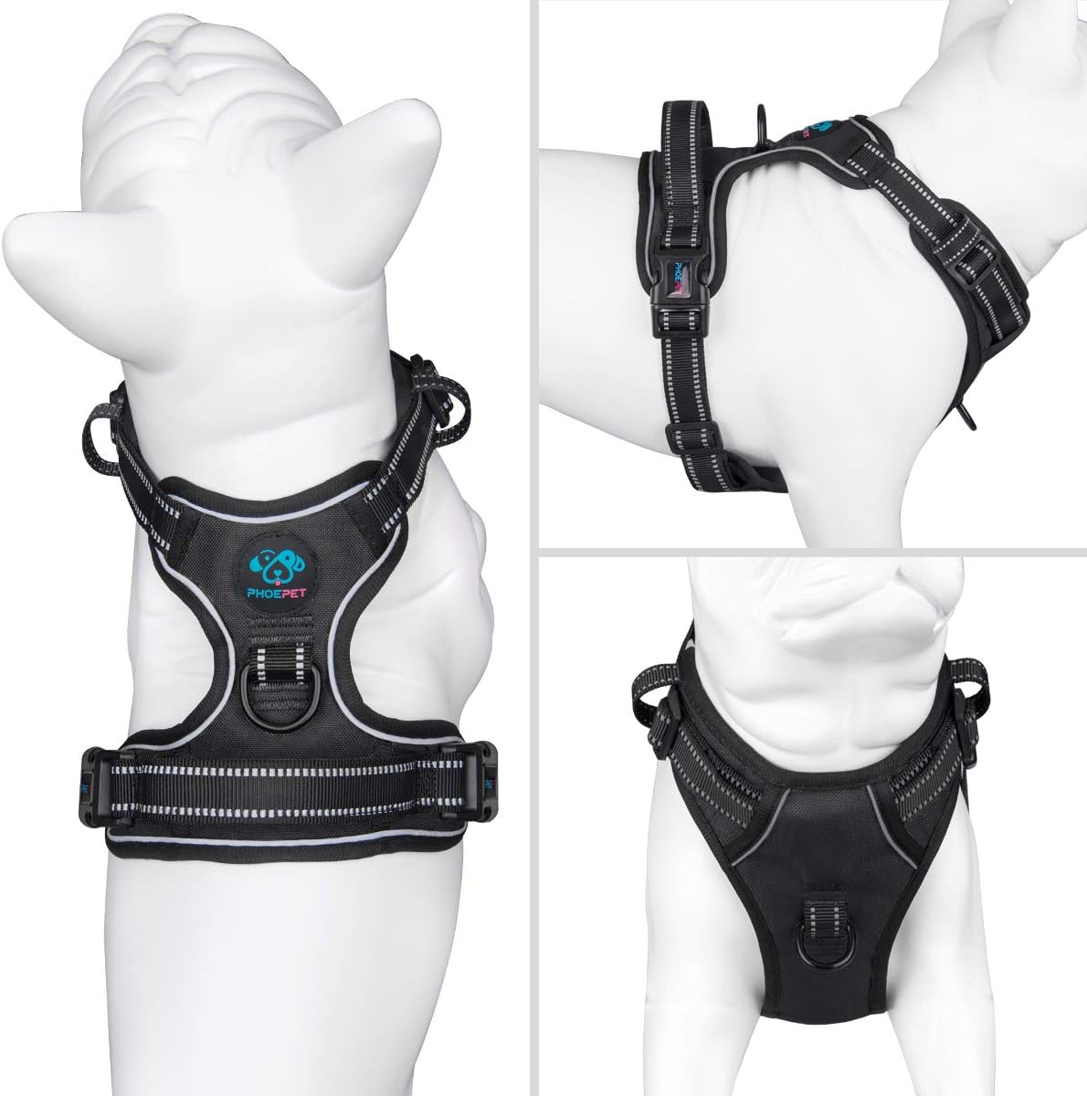 PHOEPET Reflective Dog Harness No Pull Large Breed Vest with 2 Metal Leash Attachment Hooks(XL, Black) - Pet Explorer
