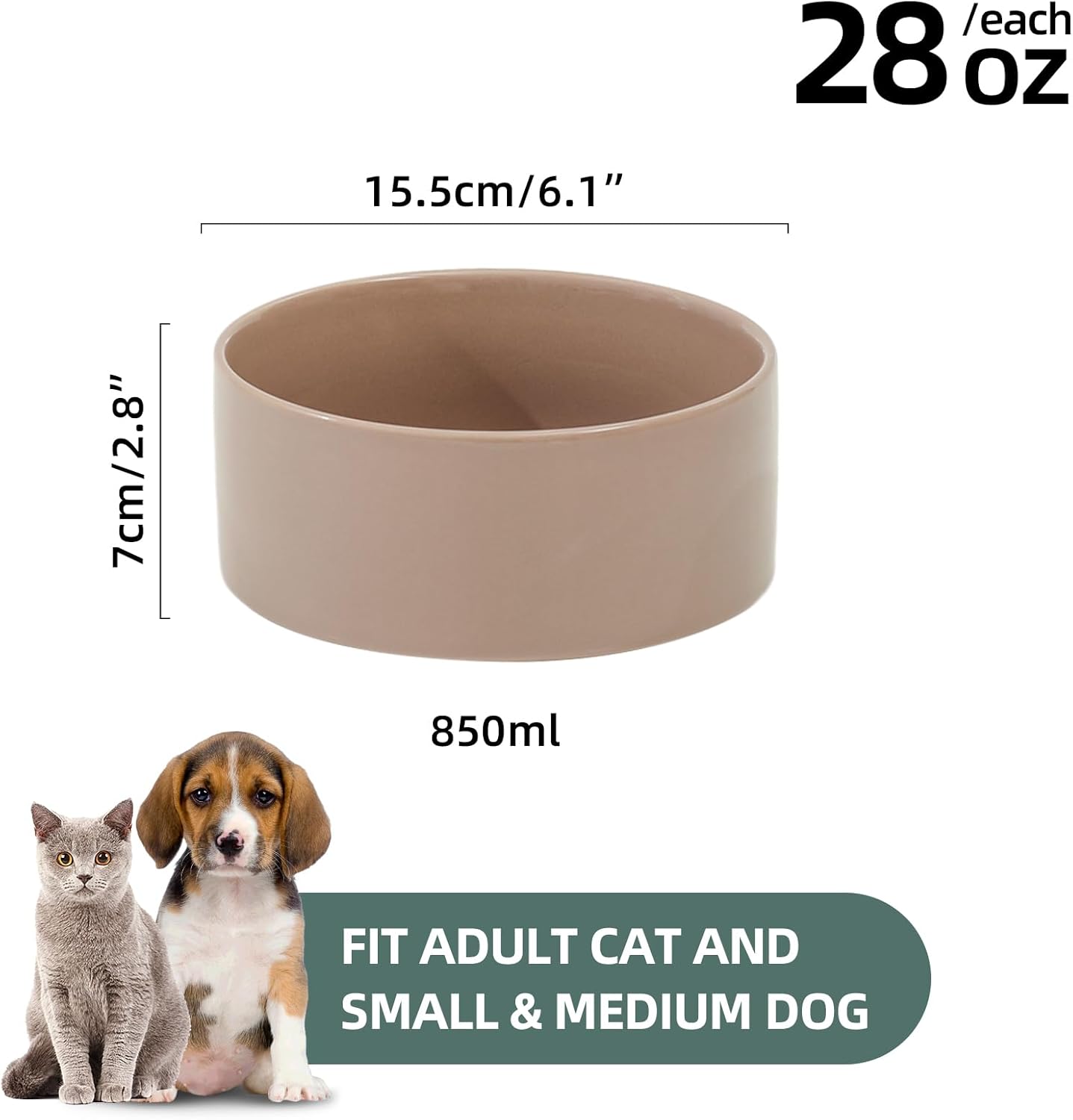 Ceramic 6.1inch Dog Bowls for Small and Medium Breed Dog Dish Pet Food and Water Bowl (Set of 2 Bowls - Dark Green, 28oz) - Pet Explorer