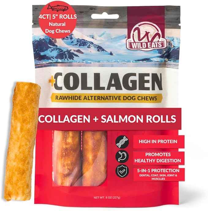 Wild Eats Salmon Flavor Collagen Retriever Style Cheek Roll 5" Dog Chews-4 Pack (Long Lasting Dog Chews Treats & Bones for Medium Dogs) Substitute for Pig Ears for Dogs