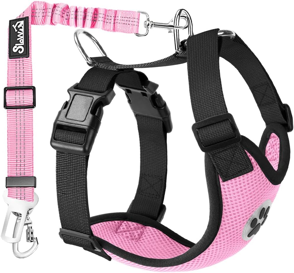 Lukovee Dog Seat Belt for Car, Adjustable Dog Car Harness for Large Medium Small Dogs, Soft Padded & Breathable Mesh Dog Seatbelt with Car Strap and Carabiner(Pink Double Clip,Large) - Pet Explorer