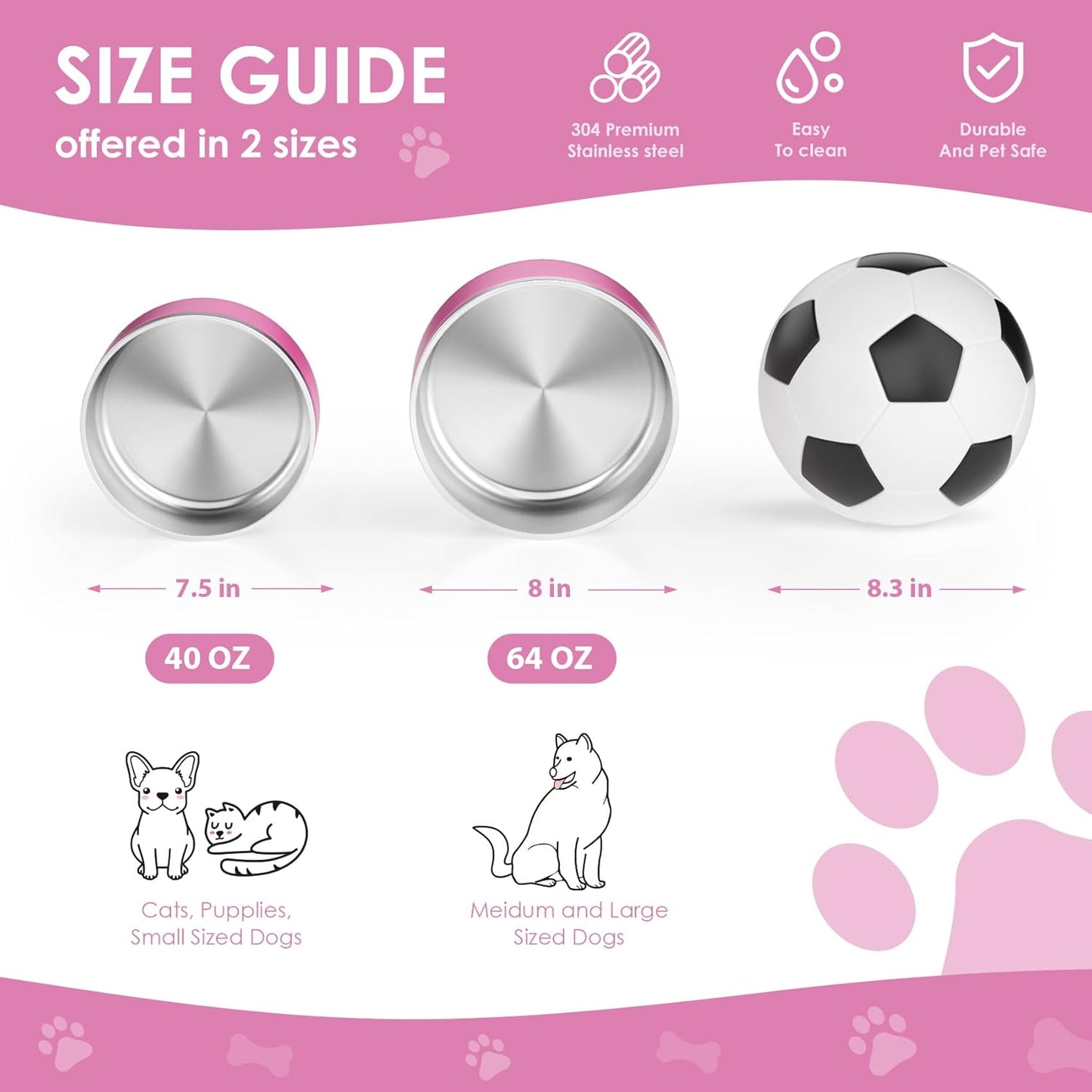 IKITCHEN Dog Bowl for Food and Water, 64 Oz Stainless Steel Pet Feeding Bowl, Durable Non-Skid Double Wall Insulated Heavy Duty with Rubber Bottom for Medium Large Dogs (64 Ounces/8 Cup, Pink) - Pet Explorer