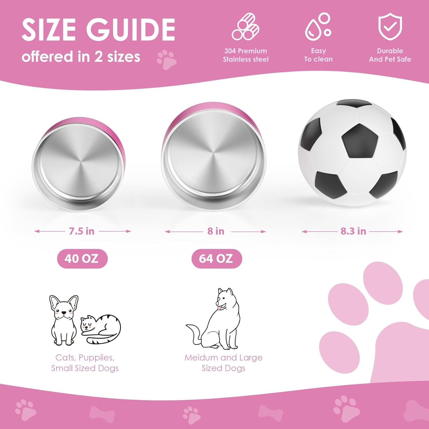 IKITCHEN Dog Bowl for Food and Water, 40 Oz Stainless Steel Pet Feeding Bowl, Durable Non-Skid Double Wall Insulated Heavy Duty with Rubber Bottom for Medium Large Dogs (40 Ounces/5 Cup, Pink) - Pet Explorer