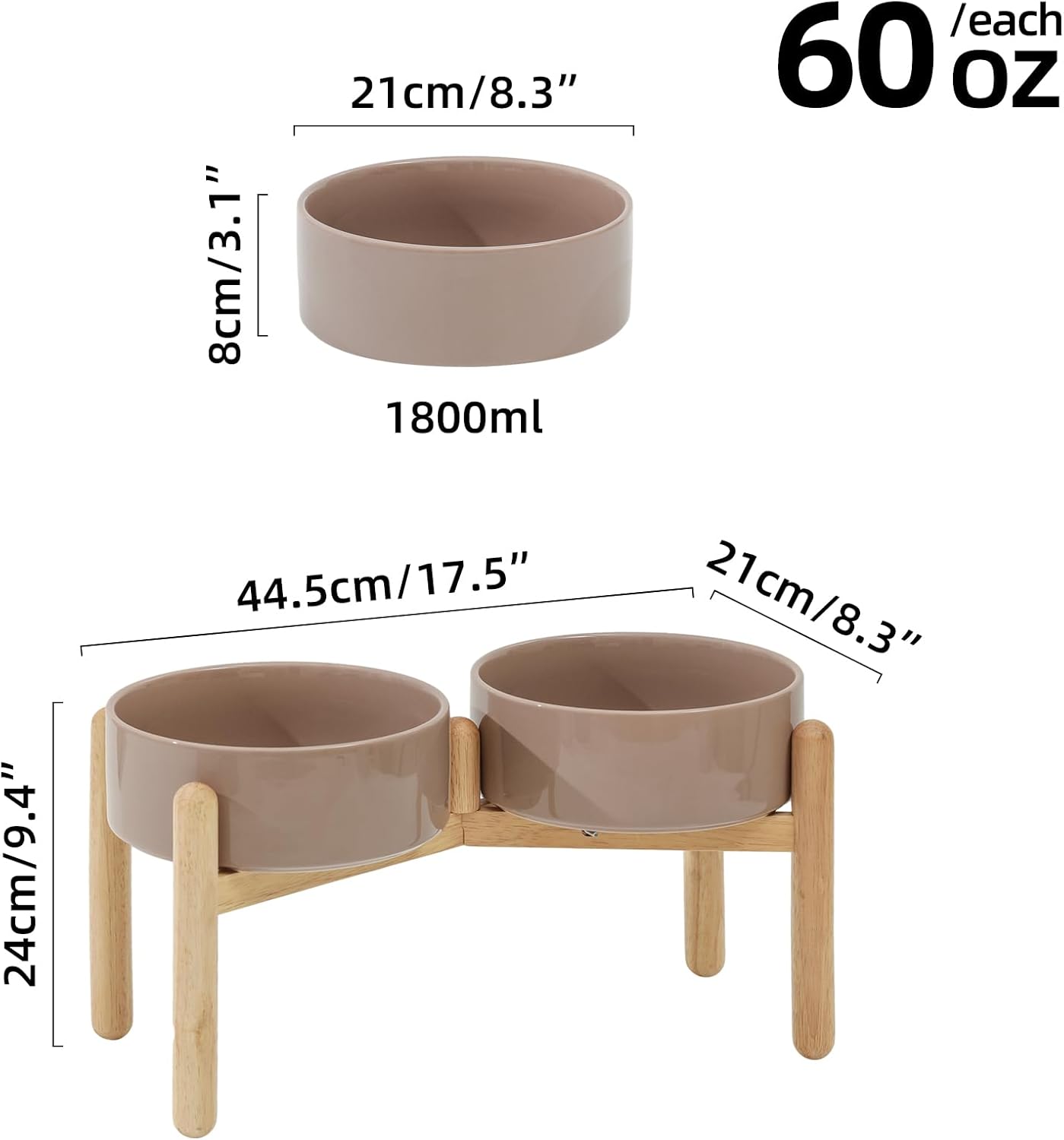 Ceramic 8.2inch Raised Dog Bowl with Stand for Large- Breed Dogs, Pet Food and Water Feeder (Double Bowl with Stand - Brown Coffee) - Pet Explorer