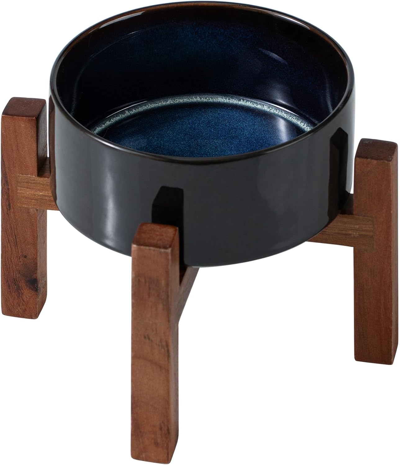 Ceramic 6.1inch Raised Dog and Cat Bowl Set, 2 Heights Elevated Wooden Stand for Small Breed Dogs, Weighted Pet Food and Water Dishes(6.1'',28.7oz, Starry Sky) - Pet Explorer
