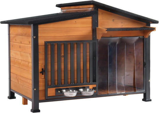 GUTINNEEN Dog House Outdoor Dog Kennel with Chew-Proof Metal Frame, Rotating Food Bowl, PVC Door Curtain, Weatherproof for Small Medium Dogs, 39.7" L x 25.5" W x 32.2" H (Dark Brown) - Pet Explorer