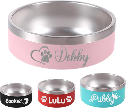 Personalized Dog Bowl Laser Engraved Custom Pet Name 18/32/42/64 oz No Slip Stainless Steel Insulated Bite-Resistant Food Water Dishes-Pink - Pet Explorer