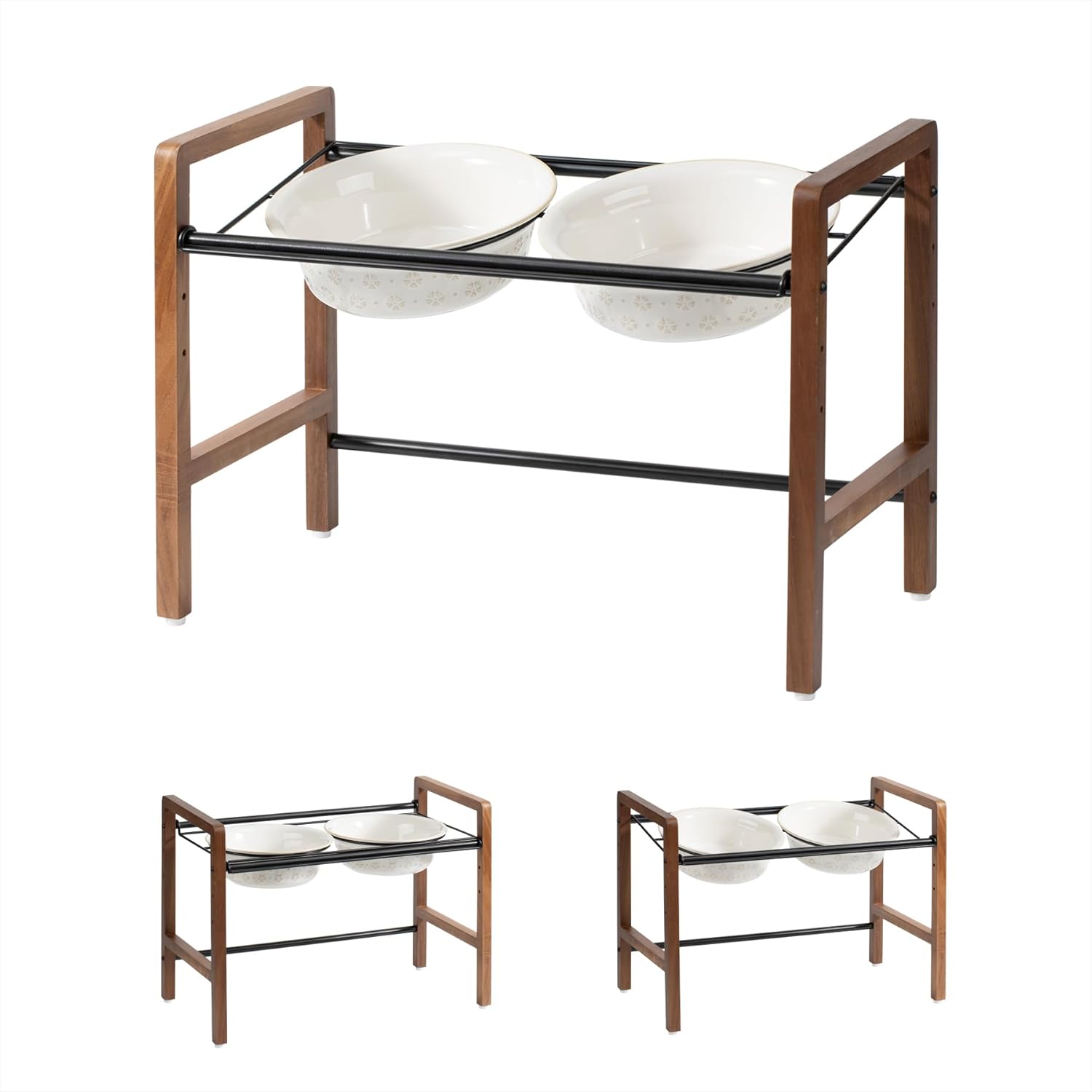 7.1inch Ceramic Adjustable Raised Double Bowls Set with Stand, 3 Heights Elevated, 2 Placement Options,Food and Water Bowls for Medium and Large Dog(Reactived Glaze -White) - Pet Explorer