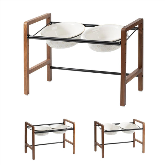 7.1inch Ceramic Adjustable Raised Double Bowls Set with Stand, 3 Heights Elevated, 2 Placement Options,Food and Water Bowls for Medium and Large Dog(Reactived Glaze -White) - Pet Explorer