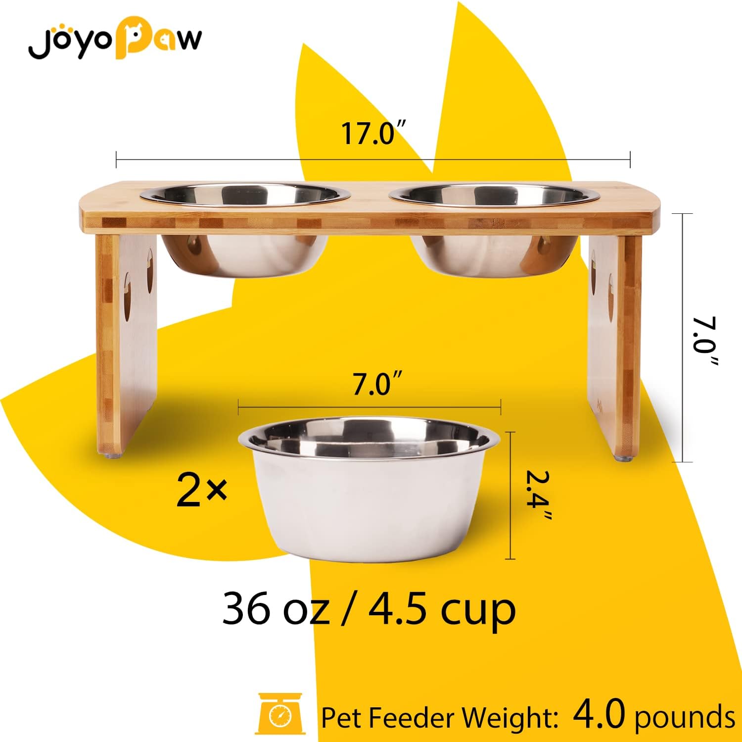 Elevated Dog Bowls, Bamboo Raised Dog Bowl for Medium Dogs, with 2 Stainless Steel Bowls (7'' Tall-30 oz Bowl) - Pet Explorer