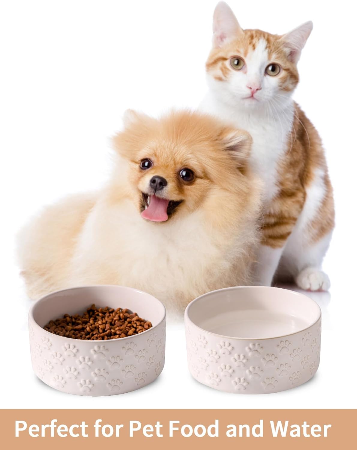 UBEE Ceramic Dog Bowl Set of 2, 5.1 inch Dog Dish Food Bowl with Paw Pattern, Pet Food Water Dish Feeding for Small Dogs and Large Cat, White - Pet Explorer