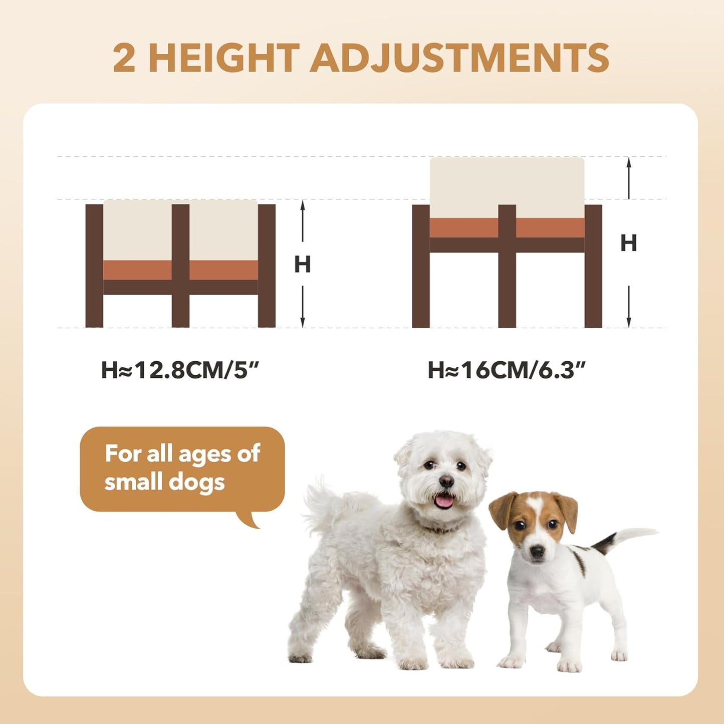 Ceramic 6.1inch Raised Dog and Cat Bowl Set, 2 Heights Elevated Wooden Stand for Small Breed Dogs, Weighted Pet Food and Water Dishes(6.1'',28.7oz, Vanilla White) - Pet Explorer