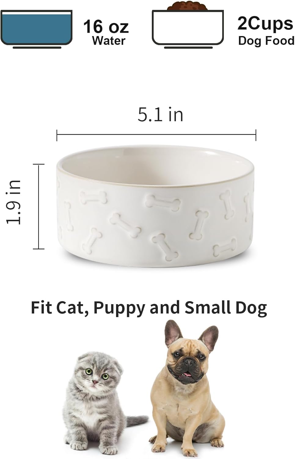 UBEE Ceramic Dog Bowl Set of 2, 5.1 inch Dog Food Bowl with Bone Pattern, Pet Food Water Dish Feeding for Small Dogs and Large Cat, White - Pet Explorer