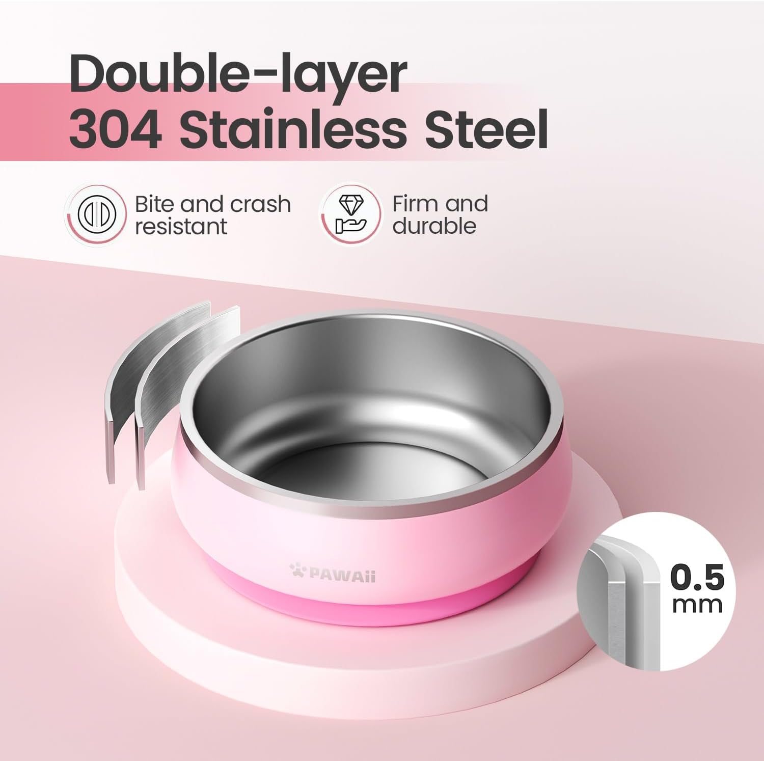 Pawaii Stainless Steel Dog Bowl with Non-Slip Rubber Base & Double Wall Insulation - Durable Design | Includes ID Tag | Dishwasher Safe Food & Water Bowl for All Dogs (34oz) - Pet Explorer
