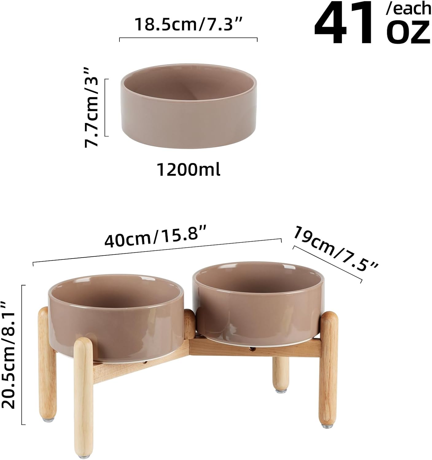 Ceramic 7.3inch Raised Double Bowls Set with Wooden Stand, Food & Water Bowls for Medium Breed Dogs, Weighted Dog Dishes, Pet Feeder(Brown Coffee) - Pet Explorer
