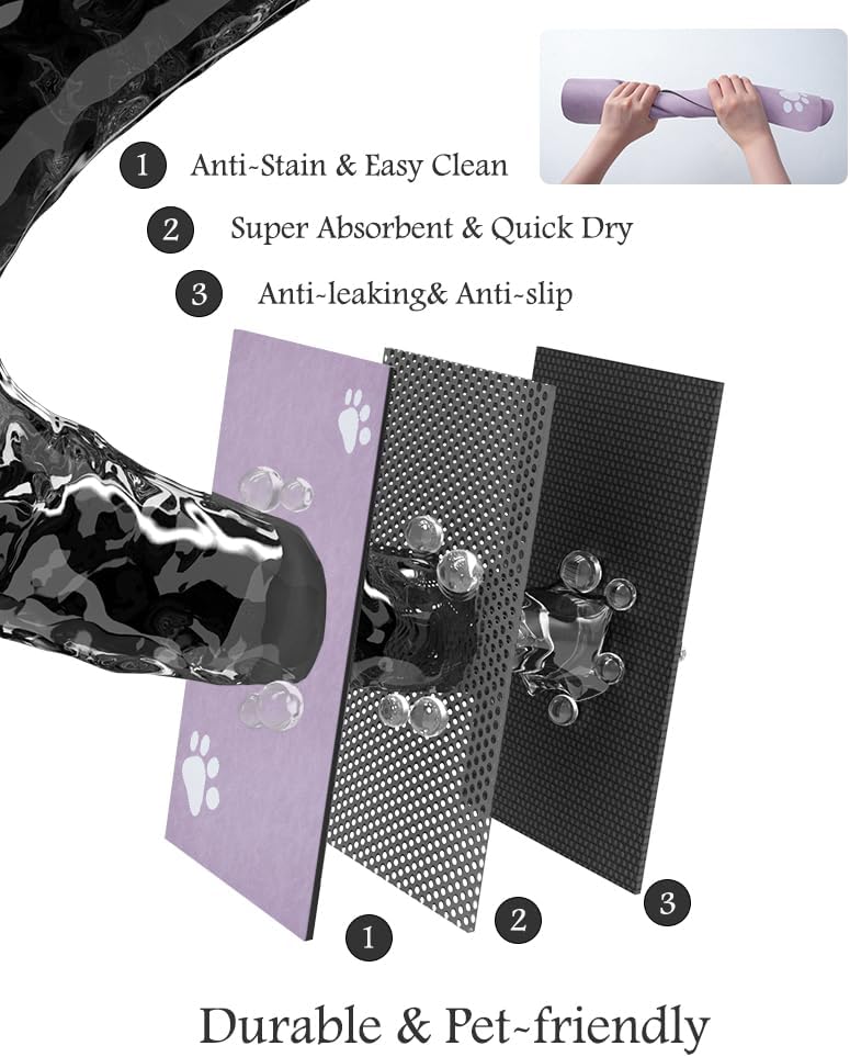 Pet Feeding Mat-Absorbent Dog Mat for Food and Water Bowl-No Stains Quick Dry Water Dispenser Mat-Dog Accessories Pet Supplies-Bowl for Messy Drinkers（Purple,17"x34" - Pet Explorer