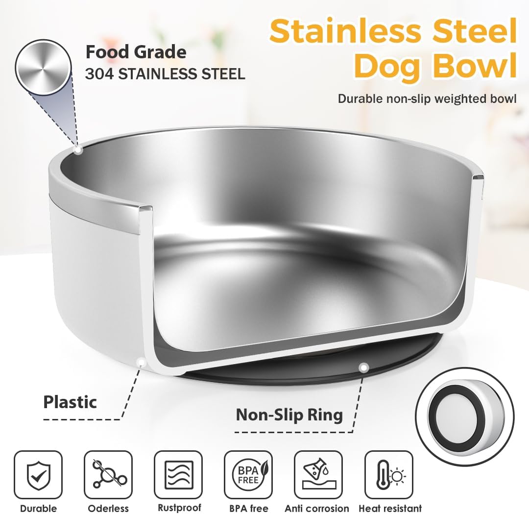 IKITCHEN Dog Bowl for Food and Water, 40 Oz Stainless Steel Pet Feeding Bowl, Durable Non-Skid Double Wall Insulated Heavy Duty with Rubber Bottom for Medium Large Dogs (40 Ounces/5 Cup, White) - Pet Explorer