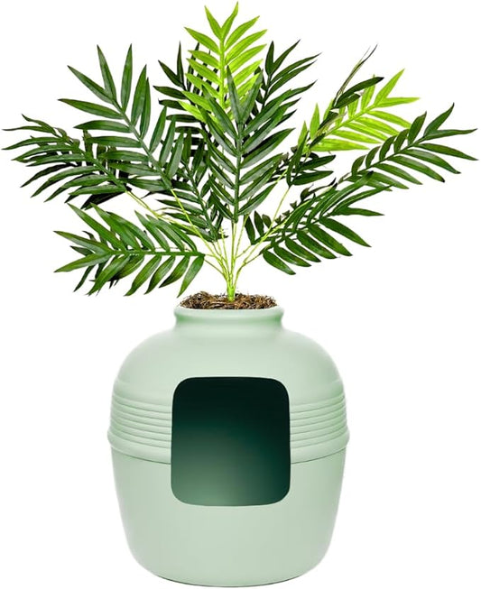 Good Pet Stuff Hidden Litter Box Planter, Decorative Cat Litter Enclosure with Carbon Filter, Artificial Plant, Easy Clean, Improved Design, Round Style, Base Kit, Sage Green