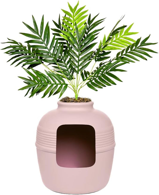 Good Pet Stuff Hidden Litter Box Planter, Decorative Cat Litter Enclosure with Carbon Filter, Artificial Plant, Easy Clean, Improved Design, Round Style, Base Kit, Blush Pink
