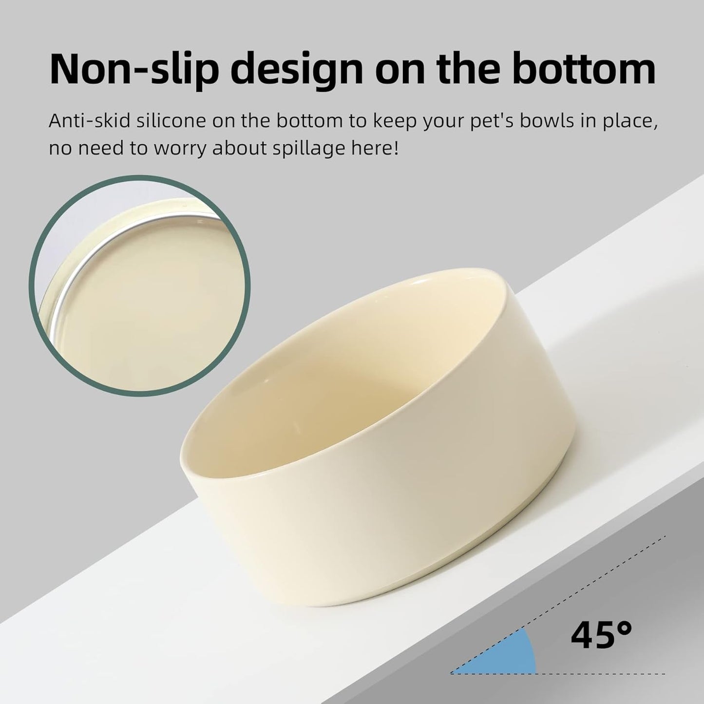 Ceramic 5.1inch Raised Double Bowls Set with Wooden Stand, Elevated Food & Water Bowls for Small Breed Dogs, Cats, Kitty, Weighted Dog Dishes, Pet Bowls(13.5oz, Beige) - Pet Explorer
