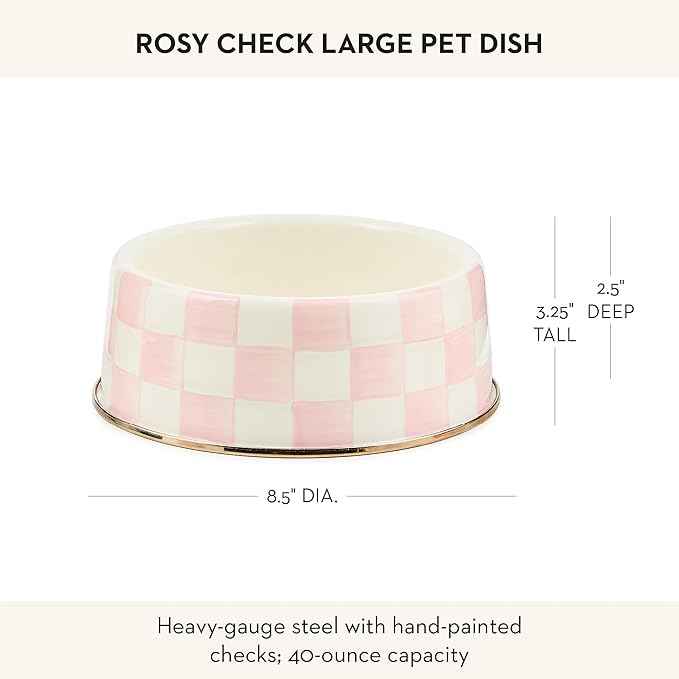 MACKENZIE-CHILDS Enamel Pet Bowl, Cute Cat and Dog Bowl for Food and Water, Large, Pink-and-White Rosy Check