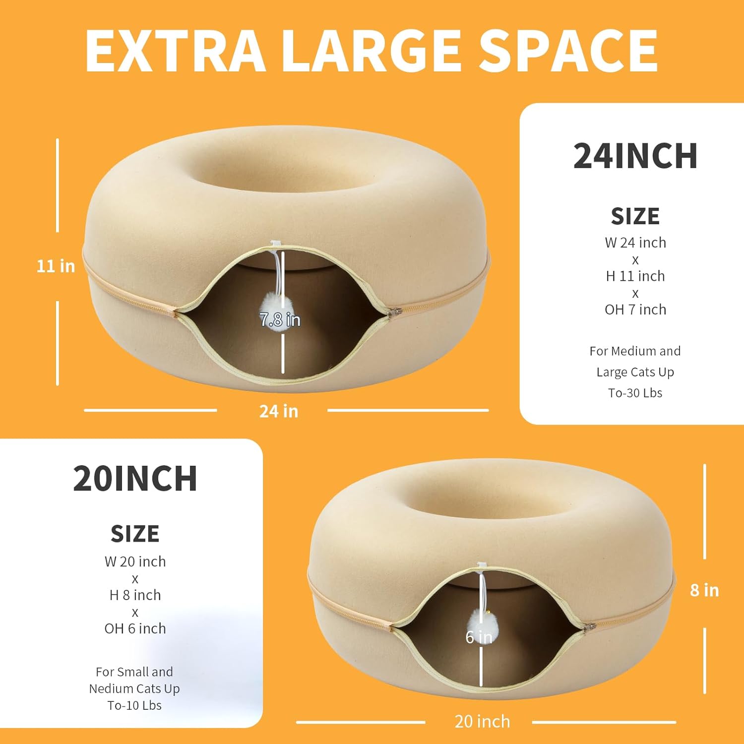 Jia Xi Cat Bed and Hideout, Large Indoor Cat Condo with Tunnel and Cave (24 inch, Beige) - Pet Explorer