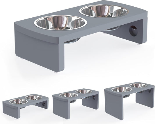 Elevated Dog Bowls, Bamboo Raised Dog Bowl for Small Dogs & Cats, with 2 Stainless Steel Bowls (4'' Tall-20oz Bowl, Grey) - Pet Explorer