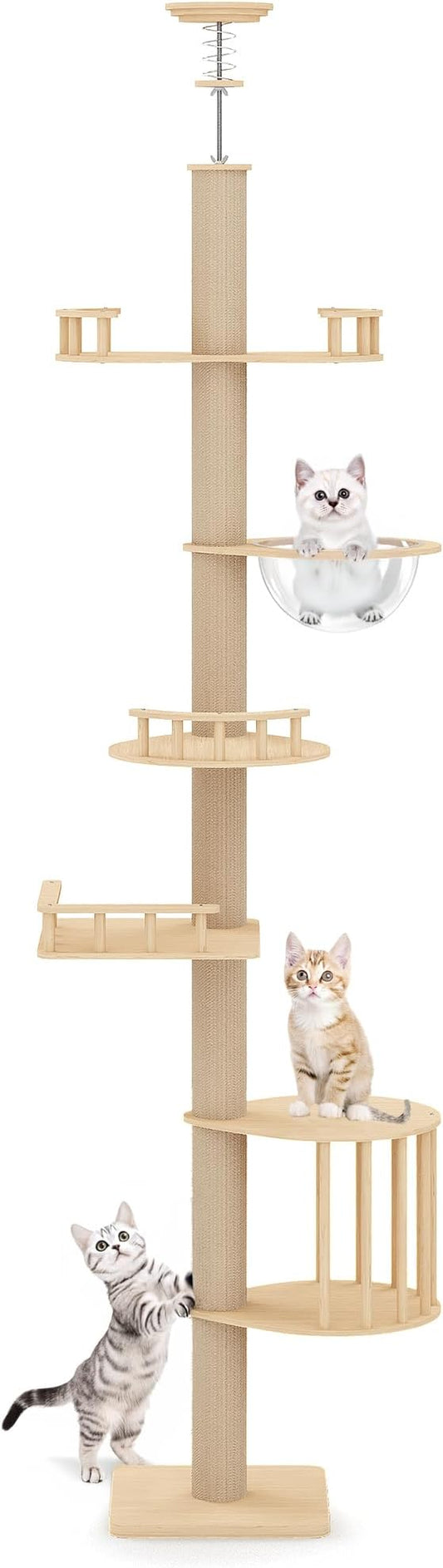 Floor-to-Ceiling Adjustable Cat Tree Tower with Acrylic Capsule, Space-Efficient Multi-Level Structure, Sisal-Wrapped Scratching Posts, Ideal for Kittens and Large Cats, Stable and Modern