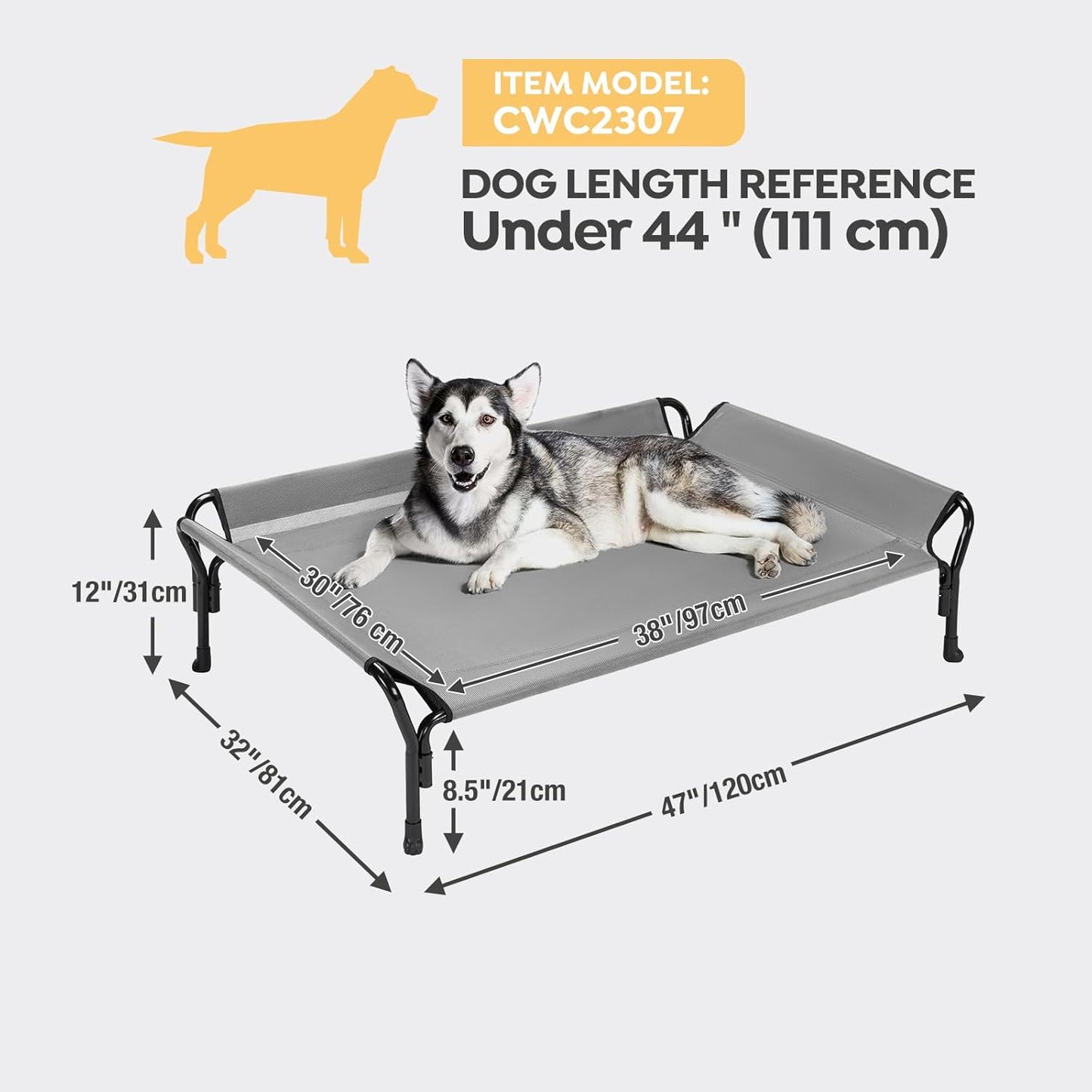 Veehoo Cooling Elevated Dog Bed, Raised Pet Cot with Guardrail & Slope Headrest, Durable Breathable Teslin Mesh, Non-Slip Feet, Washable Dog Couch Bed for Indoor & Outdoor, Large 47" x 32", Gray - Pet Explorer