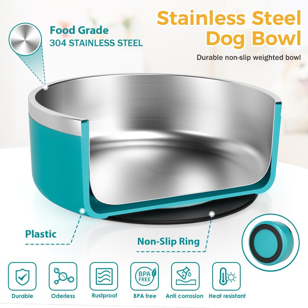 IKITCHEN Dog Bowl for Food and Water, 64 Oz Stainless Steel Pet Feeding Bowl, Durable Non-Skid Double Wall Insulated Heavy Duty with Rubber Bottom for Medium Large Dogs (64 Ounces/8 Cup, Lakeblue) - Pet Explorer