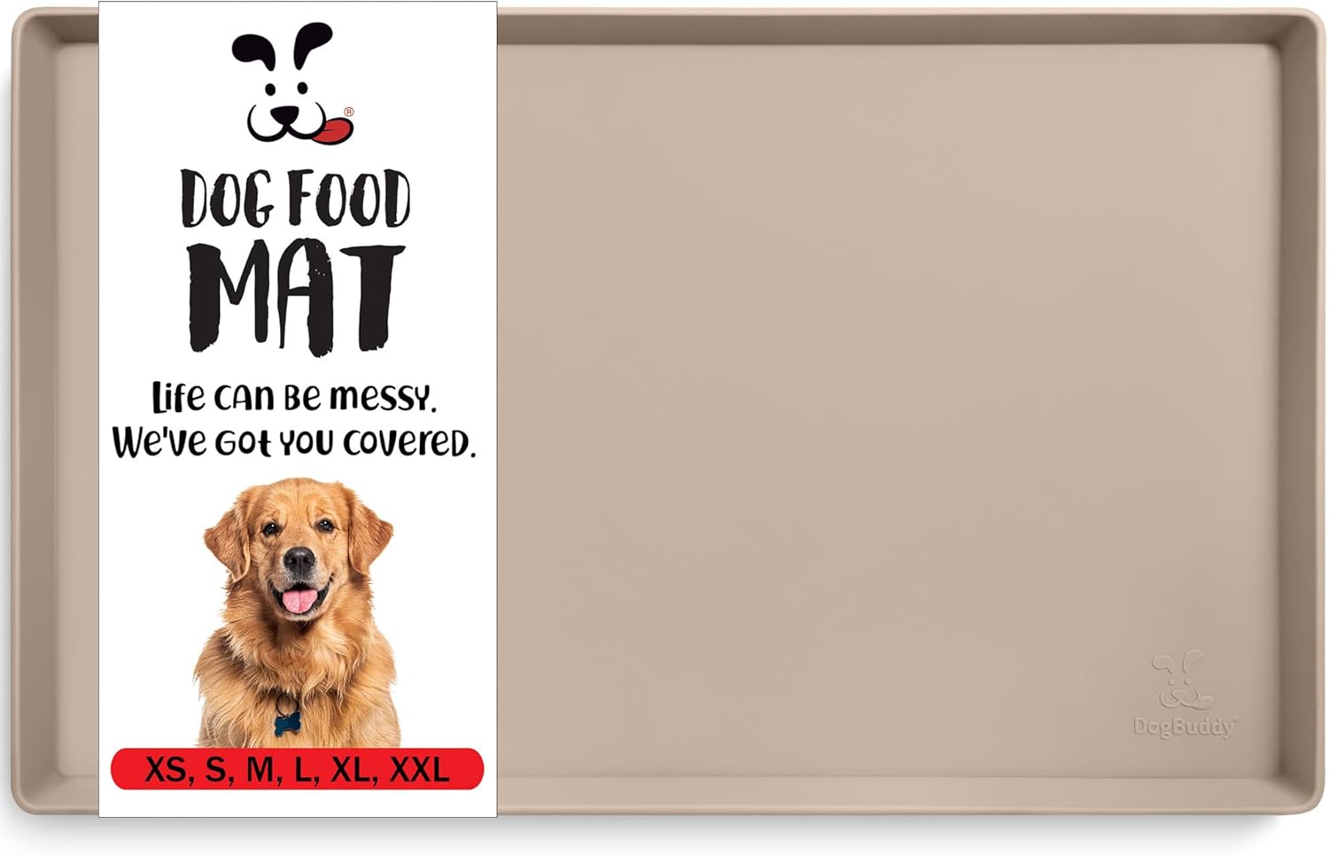 DogBuddy Dog Food Mat – Waterproof Dog Bowl Mat for Food and Water, Silicone Pet Feeding Mats for Floors, Non-Slip Placemat with High Edges for Dogs Bowls, Puppy Essentials (XL: 28" x 18", Taupe) - Pet Explorer