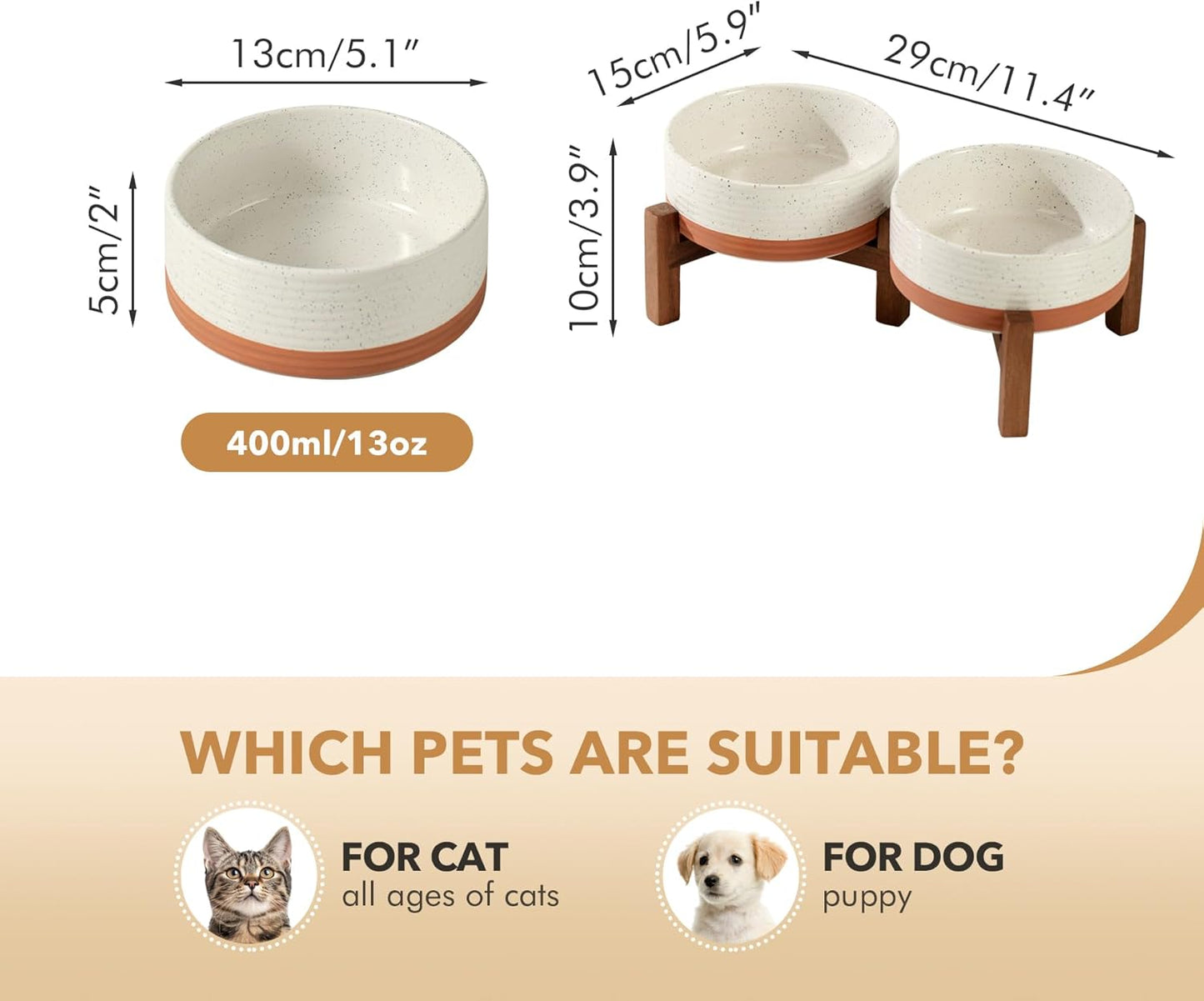 Ceramic 5.1inch Raised Double Bowls Set with Acacia Wood Stand, 2 Heights Elevated, Food & Water Bowls for Puppy, Kitty, Cats(13.5oz, Vanilla White) - Pet Explorer