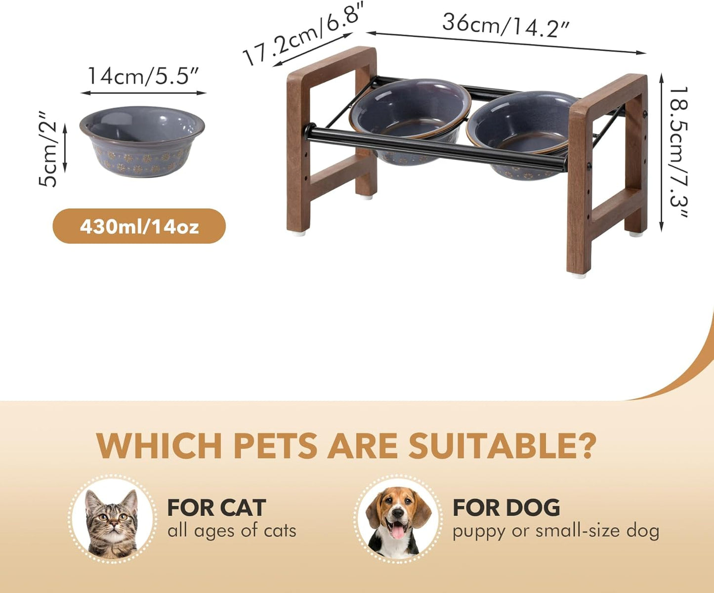 5.5inch Ceramic Adjustable Raised Double Bowls Set with Stand, 3 Heights Elevated, 2 Placement Options, Food and Water Dishes for Puppy, Cats（Double Bowls+Stand, Reactived Glaze -Grey - Pet Explorer