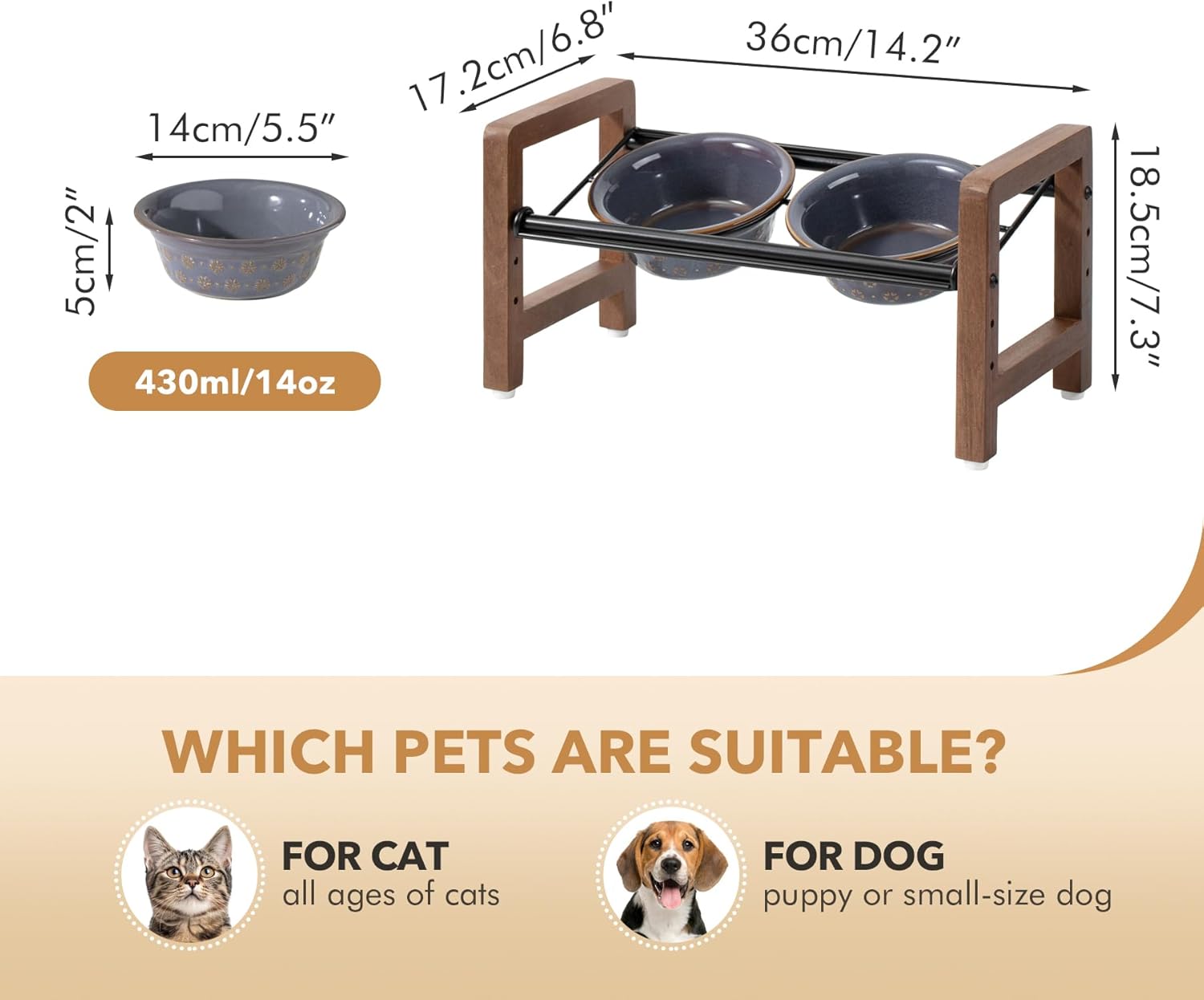 5.5inch Ceramic Adjustable Raised Double Bowls Set with Stand, 3 Heights Elevated, 2 Placement Options, Food and Water Dishes for Puppy, Cats（Double Bowls+Stand, Reactived Glaze -Grey - Pet Explorer