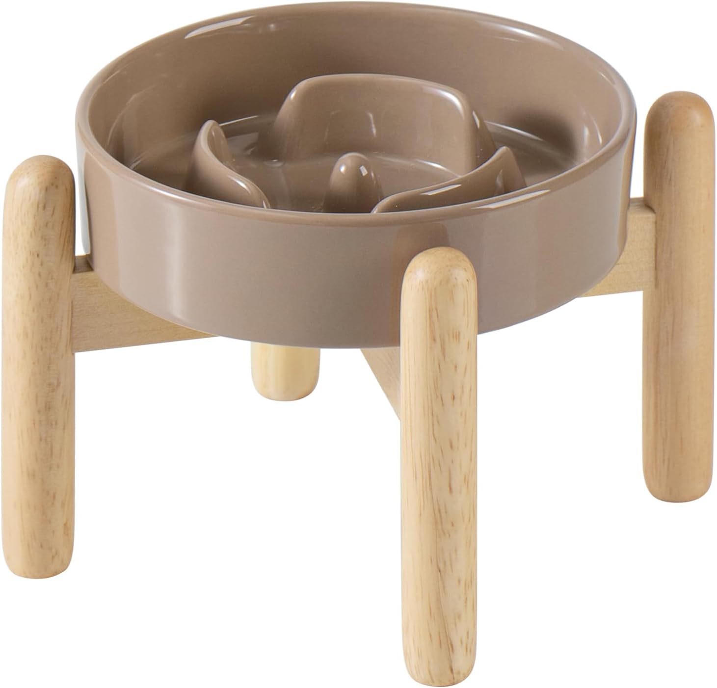 6.1inch Ceramic Raised Slow Feeder Set, Elevated Bowl with Wooden Stand for Small Dog and Cat, Puzzle Slow Dog Food Dish, Preventing Choking(Brown Coffee, Single Bowl+ Stand) - Pet Explorer