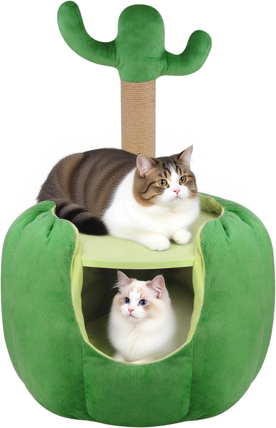 Cat Houses for Indoor Cats, Small Cat Tree with Sisal Ropes and Plush Perch, Cute Cat Bed Cave with Soft Pillow, Cactus Design - Pet Explorer