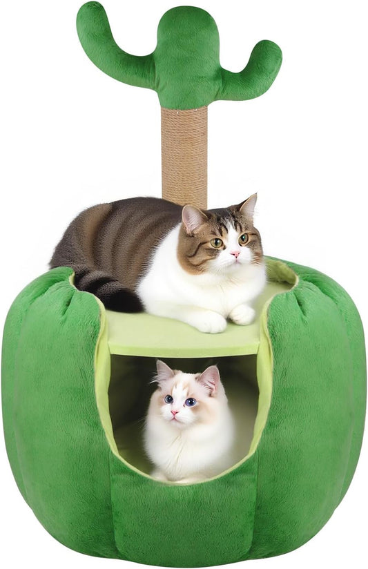 Cat Houses for Indoor Cats, Small Cat Tree with Sisal Ropes and Plush Perch, Cute Cat Bed Cave with Soft Pillow, Cactus Design - Pet Explorer
